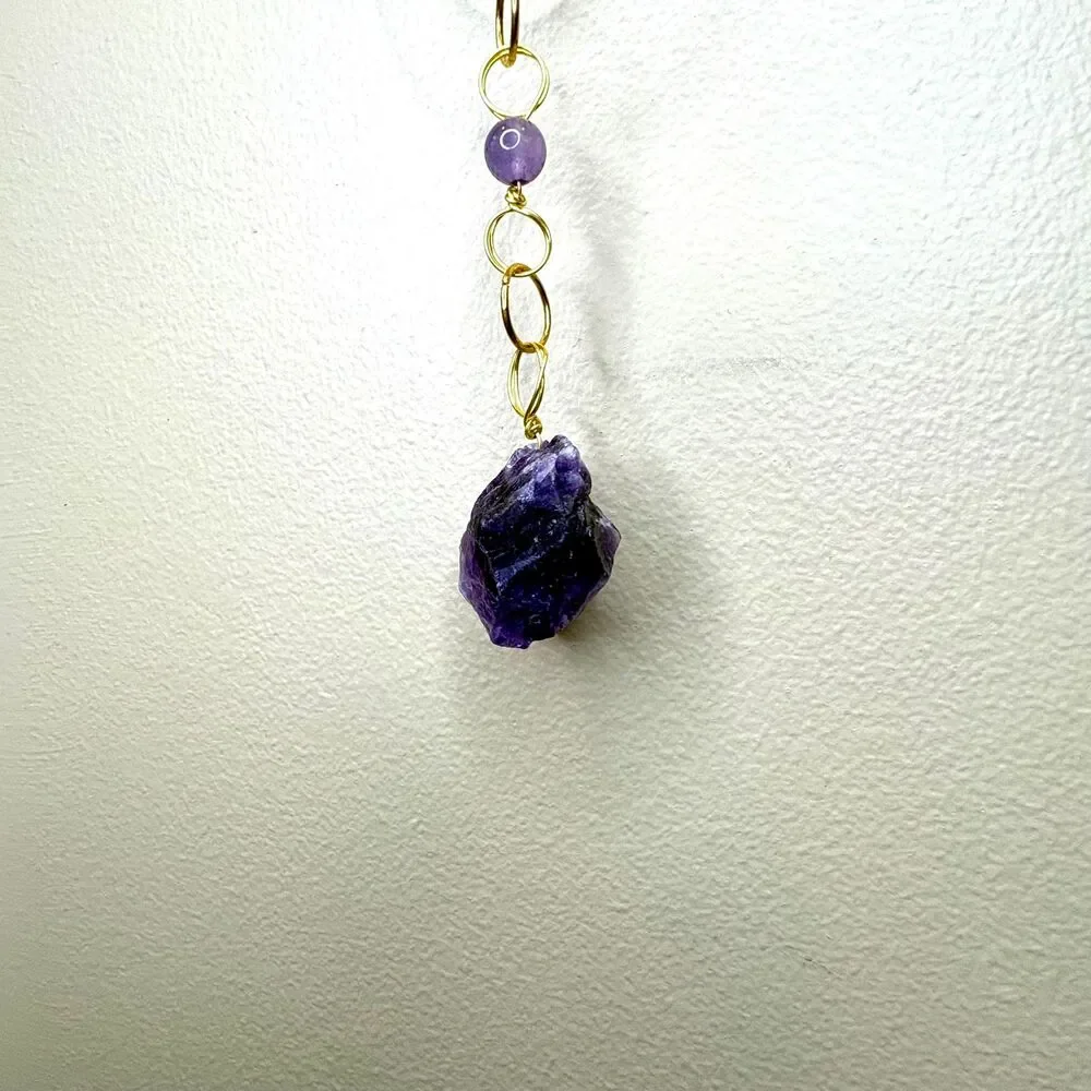 Raw Amethyst and Amethyst Bead Gemstone Wall Hanging Gold Filigree